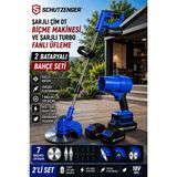 SCHUTZENGER 886RN 2 Batarya Şarjlı Çim Biçme Tırpan Makinesi 7 Başlık ve Şajlı Turbo Fanlı Üfleme Makinesi Mavi Set