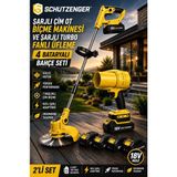 SCHUTZENGER 960VR 4 Akülü Şarjlı Turbo Fan Üfleme Makinesi ve Şarjlı Ot Çim Biçme Makinesi 7 Başlıklı Tırpan Set Sarı