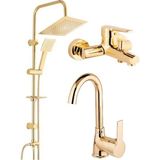 SCHUTZENGER Gold Altın Kare Robot Duş Seti, Lavabo ve Banyo Bataryası Musluğu Çeşmesi 3'lü Set