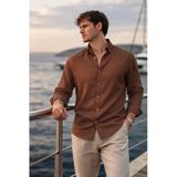 Scott – Soft Dokulu Yarım Oversize Modern Keten Görünümlü Erkek Gömlek- Kahve