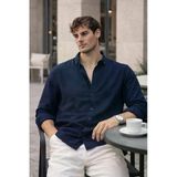 Scott – Soft Dokulu Yarım Oversize Modern Keten Görünümlü Erkek Gömlek- Lacivert