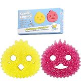 Scrub Family Fonksiyonel Sünger Yıkayıcı Seti - Daddy Mommy Günlük Ovma Süngeri, Gülen Mutlu Yüz, Soğukta Sert ve Sıcak, Çizilmez, Kokusuz, 2 Hayvan Deseni (2 karat)