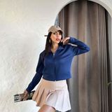 Scubaa Kumaş Uzun Kollu Fermuarlı Crop Spor Ceket | Lacivert