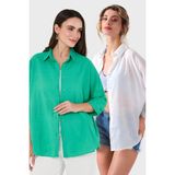 Sd Luxury Pamuk Karışımlı Oversize Fit Uzun Kollu 2'li Paket Gömlek Bayan Gömlek 6781001S2 - 42 - Beyaz - Yeşil