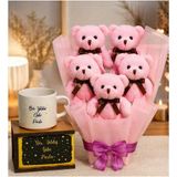 Şdb Gift Ayıcık Buketi + Kupa + Işıklı Kutu Sevgiliye Romantik Hediye Seti 5’Li Peluş Ayıcık Buketi Sürprizi