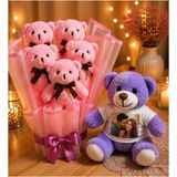 Şdb Gift Kişiye Özel Fotoğraflı Mor Peluş Ayıcık + Ayıcık Buketi Sevgiliye Özel