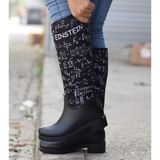 Sea & Blue Shoes Einstein Baskılı Su Geçirmeyen Kadın Yağmur Çizmesi - Beyaz - Siyah - Beyaz
