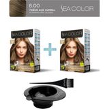 Sea Color 2'Li Paket Set Saç Boyası 8.00 Yoğun Açık Kumral, Boya Tası Ve Fırça Hediye!