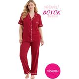 Seamlife Kadın Bordo Büyük Beden Viskon Gömlek Yaka Önden Düğmeli Göğüs Cepli Mevsimlik Kısa Kol Pijama Takımı - 3XL