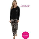 Seamlife Kadın Desenli Bisiklet Yaka Düğmesiz Mevsimlik Likra Viskon Uzun Kollu Pijama Takımı - Kahverengi - 2XL