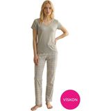 Seamlife Kadın Gri Ekose Desenli Düğmesiz Bisiklet Yaka Kısa Kol Slim Fit Yazlık Homewear Pijama Takımı - XL