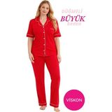 Seamlife Kadın Kırmızı Büyük Beden Viskon Gömlek Yaka Önden Düğmeli Göğüs Cepli Mevsimlik Kısa Kol Pijama Takımı - 4XL