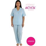 Seamlife Kadın Mavi Büyük Beden Viskon Gömlek Yaka Önden Düğmeli Göğüs Cepli Mevsimlik Kısa Kol Pijama Takımı - 2XL