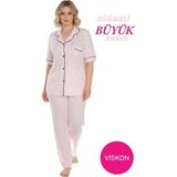 Seamlife Kadın Pembe-Beyaz Çizgili Büyük Beden Viskon Gömlek Yaka Önden Düğmeli Göğüs Cepli Mevsimlik Kısa Kol Pijama Takımı - 2XL