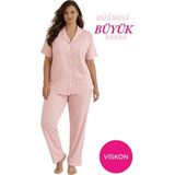 Seamlife Kadın Pembe Çizgili Büyük Beden Viskon Gömlek Yaka Önden Düğmeli Göğüs Cepli Mevsimlik Kısa Kol Pijama Takımı - Pudra - 5XL