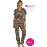 Seamlife Kadın Zebra Desenli Önden Düğme Gömlek Yaka Saten Biyeli Göğüs Cepli Viskon Kısa Kol Pijama Takımı - 2XL