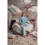 seamlife Mavi Desenli Büyük Beden Düğmesiz Viskon Kısa Kol Palazzo Pijama Takım-Oversize Üst Geniş Paça Alt