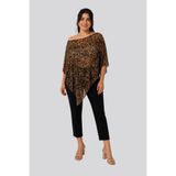 Seamoda Düşük Omuz Asimetrik Oversize Kesim Leopar Desen Transparan Yazlık Panço Bluz-KAHVE