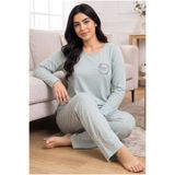 SEBOTEKS Mevsimlik Kumaş Bisiklet Yaka Uzun Kollu Büyük Beden Kadın Pijama Takımı 400
