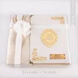 Seccade + Tesbih + Kuran Hediye Seti (Canta Boy, Kadife, Beyaz, Lafzatullah)