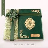 Seccade + Tesbih + Kuran Hediye Seti (Hafiz Boy, Kadife, Zeytin Yesili, Lafzatullah)