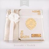 Seccade + Tesbih + Kuran Hediye Seti (Orta Boy, Kadife, Beyaz, Lafzatullah)