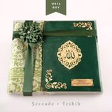 Seccade + Tesbih + Kuran Hediye Seti (Orta Boy, Kadife, Zeytin Yesili, Lafzatullah)