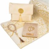 Seccade + Tesbih + Yasin Hediye Seti (Çanta Boy, Şantuk Kese, Gold) - 12x17 cm