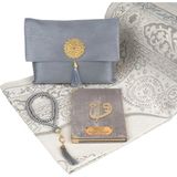 Seccade + Tesbih + Yasin Hediye Seti (Çanta Boy, Şantuk Kese, Gri) - 12x17 cm