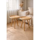 SEÇİL Doğal Rattan Yan Sehpa 38x45 cm Ahşap Ayaklı Bohem Minimal Sehpa El Yapımı