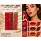 Seçkin 3’lü Mat Likit Ruj Seti – Kırmızı, Bordo, Kiremit Tonları (Uzun Süre Kalıcı, Yoğun Pigment, Waterproof)
