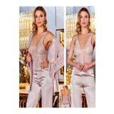 secret night 3 lü gecelik takım dantel detaylı büstiyer,pijama altı ve sabahlık pudra S