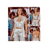 secret night 3 lü saten gecelik takımı dantel detaylı pijama takımı büstiyer sabahlık takım ekru M