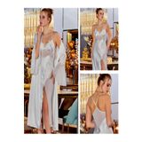 secret night beyaz renkli güpür detaylı saten gecelik 2 li takım sabahlık ve gecelik elbise pijama takımı ebru L