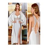 secret night dantel detaylı sırt dekolteli saten gecelik takımı kadın iç giyim pijama takım ekru M