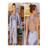 secret night dantel detaylı sırt dekolteli saten gecelik takımı kadın iç giyim pijama takım gri S