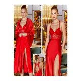 secret night dantel detaylı sırt dekolteli saten gecelik takımı kadın iç giyim pijama takım kırmızı S