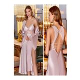 secret night dantel detaylı sırt dekolteli saten gecelik takımı kadın iç giyim pijama takım pudra L