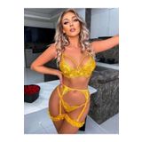 secret night fantezi jartiyer takımı sarı renkli dantelli likralı balensiz elbise etek içi giyim sütyen külot sarı L/XL