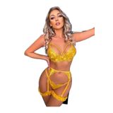 secret night fantezi jartiyer takımı sarı renkli dantelli likralı balensiz elbise etek içi giyim sütyen külot sarı S/M
