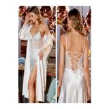 secret night güpür detaylı saten gecelik 2 li takım sabahlık ve gecelik elbise pijama takımı ekru L