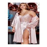 secret night güpür detaylı saten gecelik 2 li takım sabahlık ve gecelik elbise pijama takımı pudra M