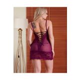 secret night mor renkli gecelik takımı kadın iç giyim tül dantel detaylı elbise arkası ip bağlamalı mor L/XL