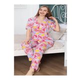 secret night pijama takımı kalp desenli kısa kollu gömlek pijama takımı kadın giyim pamukludur pembe L