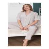 secret night pijama takımı yaprak ve çiçek desenli kısa kollu gömlek pijama takımı kadın giyim pamukludur bej L