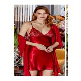secret night saten gecelik takımı dantel ve tül detaylı 2 li gecelik ve sabahlık pijama takımı bordo XL