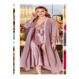 secret night saten gecelik takımı dantel ve tül detaylı 2 li gecelik ve sabahlık pijama takımı vizon M