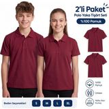 Secret Touch 2'li Paket %100 Pamuk Polo Yaka Kısa Kollu Tişört – Okul ve Günlük Kullanım - Bordo
