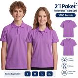 Secret Touch 2'li Paket %100 Pamuk Polo Yaka Kısa Kollu Tişört – Okul ve Günlük Kullanım - Lila - XL