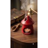 seda seramik Kırmızı Kalp Detaylı Mantar Ev Şeklinde Tealight Mumluk - Dekoratif Mumluk